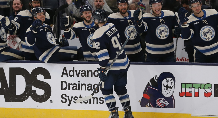 Columbus Blue Jackets left wing Alexander Nylander celebrates his goal against the Carolina Hurricanes