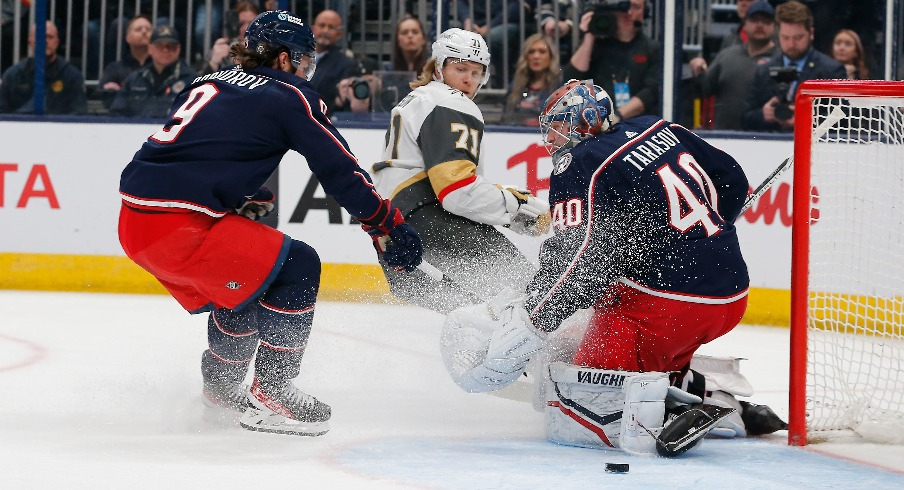 Columbus Blue Jackets goalie Daniil Tarasov (40) stops the shot attempt of Vegas Golden Knights center William Karlsson (71) during the first period at Nationwide Arena.