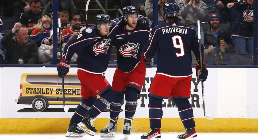 Columbus Blue Jackets' Alexander Nylander celebrates his goal against the Edmonton Oilers during the first period at Nationwide Arena.