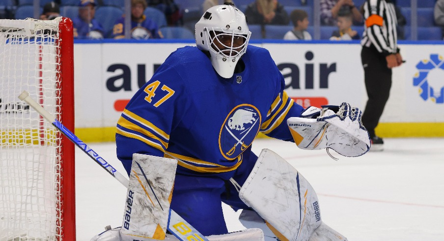 Buffalo Sabres goaltender Malcolm Subban (47) looks for the puck during the third period against the Philadelphia Flyers at KeyBank Center.