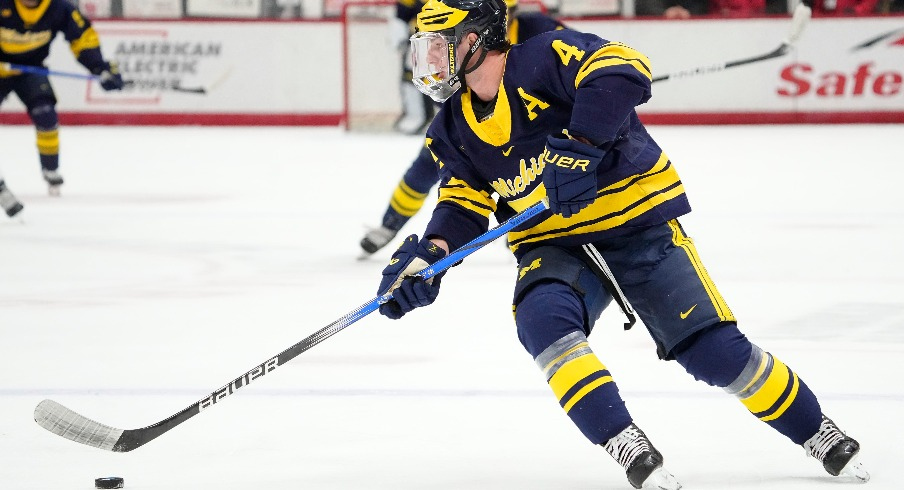 Michigan Wolverines forward Gavin Brindley (4) skates up ice during the NCAA men s hockey game against the Ohio State Buckeyesat Value City Arena.