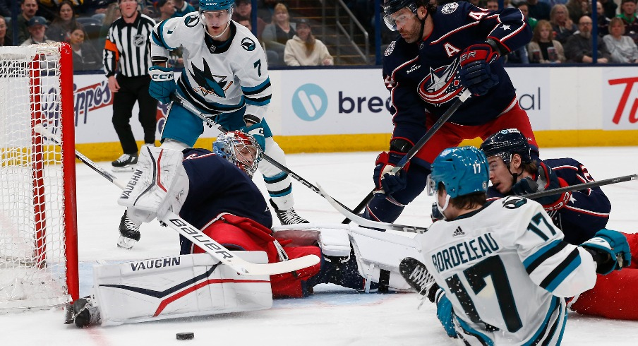 Columbus Blue Jackets goalie Daniil Tarasov (40) makes a pad save on the shot from San Jose Sharks center Thomas Bordeleau (17) during the first period at Nationwide Arena.