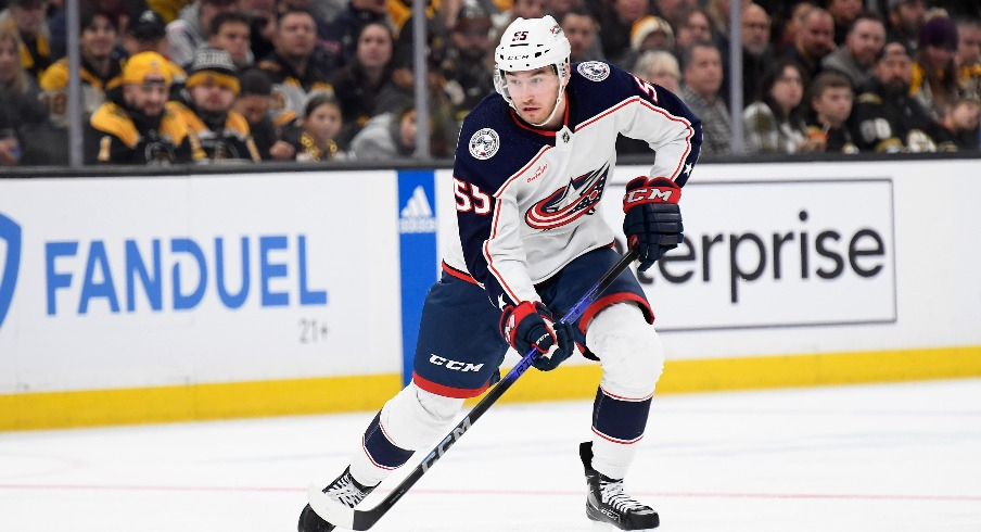 Columbus Blue Jackets defenseman David Jiricek (55) controls the puck during the second period against the Boston Bruins at TD Garden.