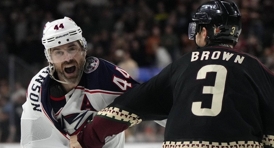 Blue Jackets defenseman Erik Gudbranson blows off some steam in a second period fight with the Coyotes' Josh Brown.