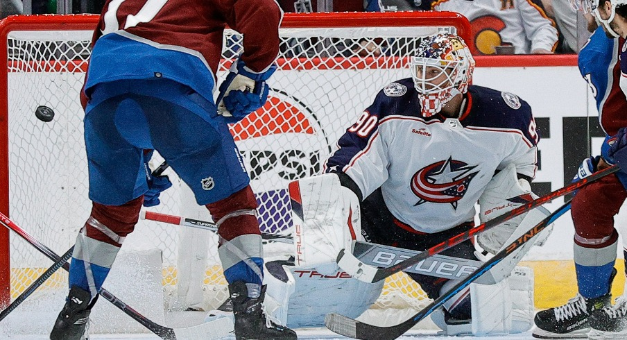 Colorado Avalanche right wing Valeri Nichushkin (13) scores a goal past Columbus Blue Jackets goaltender Elvis Merzlikins (90) as defenseman Damon Severson (78) and center Casey Mittelstadt (37) and left wing Johnny Gaudreau (13) look on in the third period at Ball Arena.