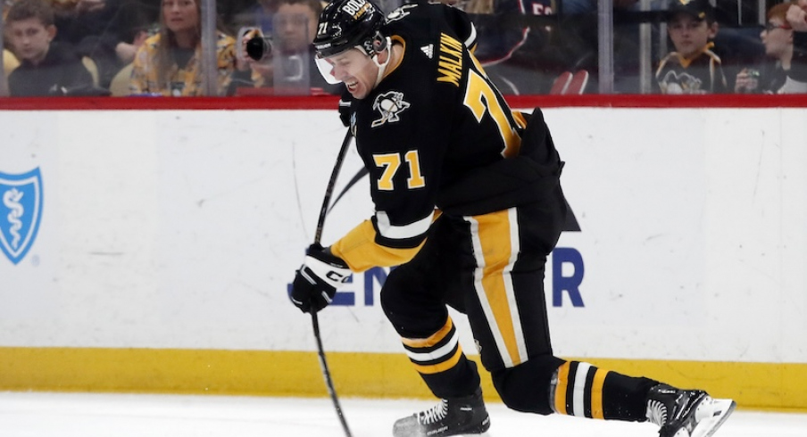 Pittsburgh Penguins' Evgeni Malkin shoots a slap shot against the Columbus Blue Jackets during the second period at PPG Paints Arena.