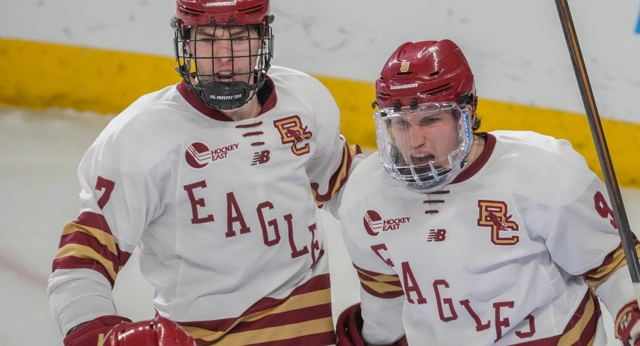 Boston College's Ryan Leonard, right, celebrates the go-ahead goal in the second period vs. Michigan Tech, Friday, March 29, 2024 in the NCAA hockey regionals.