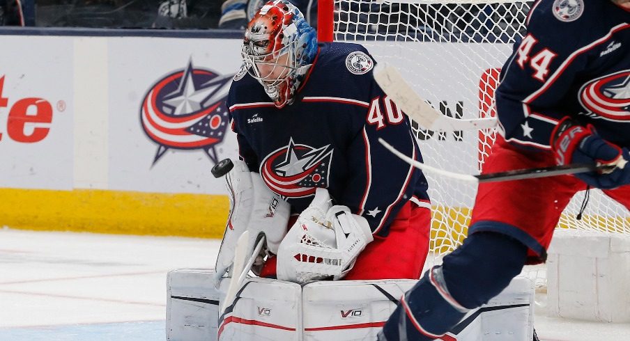 Columbus Blue Jackets goalie Daniil Tarasov (40) makes a save against the Colorado Avalanche during the second period at Nationwide Arena.