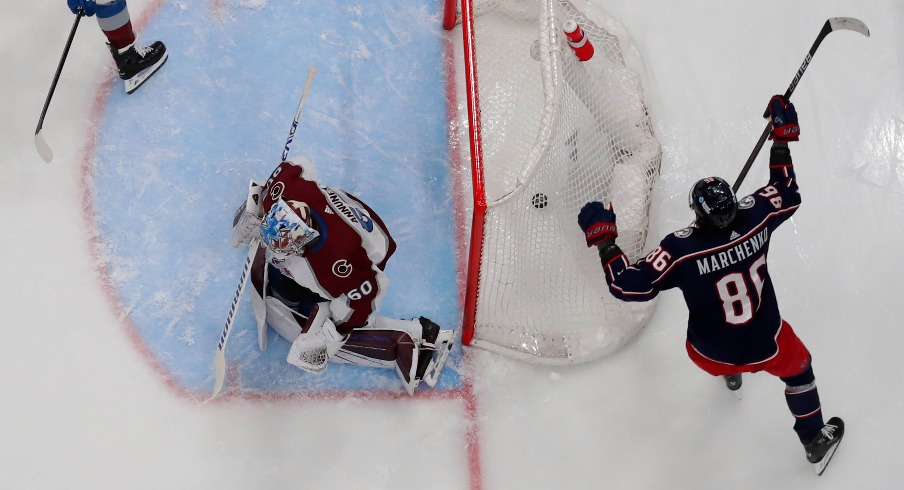 Columbus Blue Jackets right wing Kirill Marchenko (86) celebrates his goal against the Colorado Avalanche during the second period at Nationwide Arena.