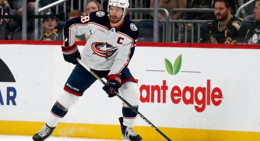 Columbus Blue Jackets' Boone Jenner handles the puck against the Pittsburgh Penguins during the first period at PPG Paints Arena.