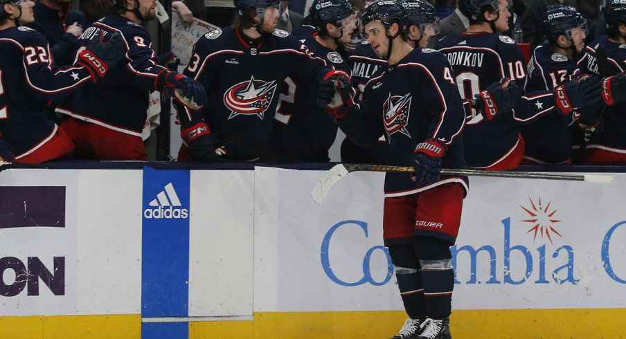 Columbus Blue Jackets Forward Cole Sillinger celebrates his goal against the Colorado Avalanche