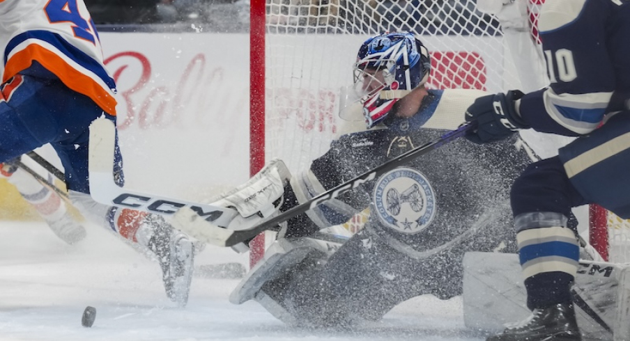 Columbus Blue Jackets' Jet Greaves makes a save in net against the New York Islanders in the second period at Nationwide Arena.