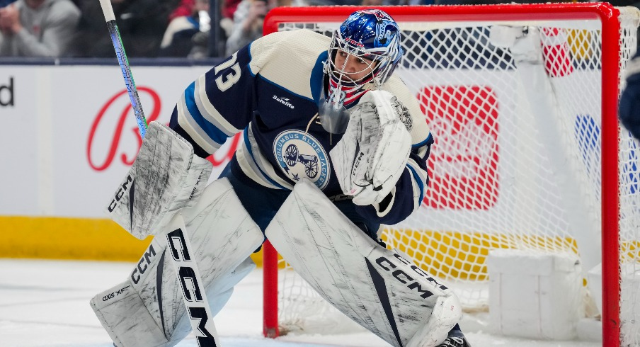 Columbus Blue Jackets goaltender Jet Greaves (73) defends the net against the New York Islanders in the second period at Nationwide Arena.