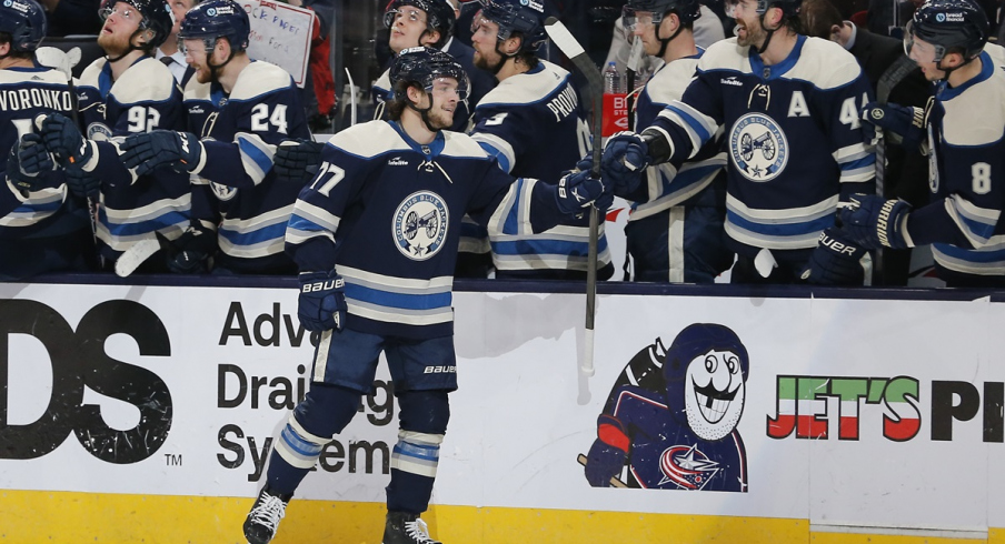 Columbus Blue Jackets defenseman Nick Blankenburg celebrates his goal against the Philadelphia Flyers