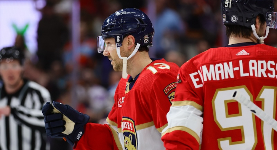 Florida Panthers' Sam Reinhart celebrates after scoring against the Columbus Blue Jackets during the second period at Amerant Bank Arena.