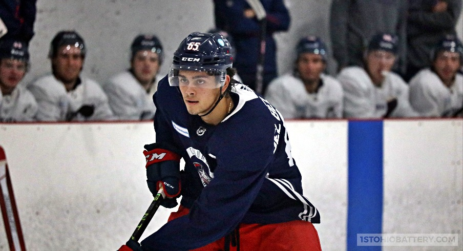 Luca Del Bel Belluz (65) takes a penalty shot at Blue Jackets development camp.