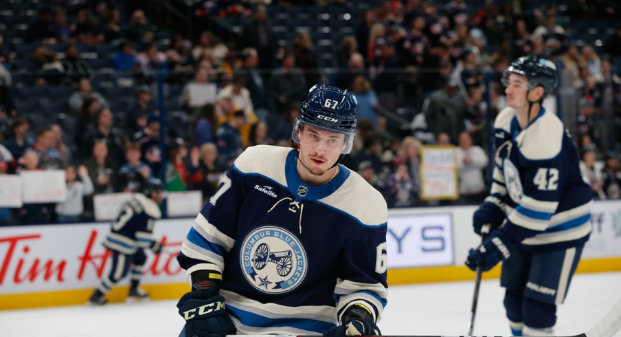 Columbus Blue Jackets left wing James Malatesta skates during pregame warmup