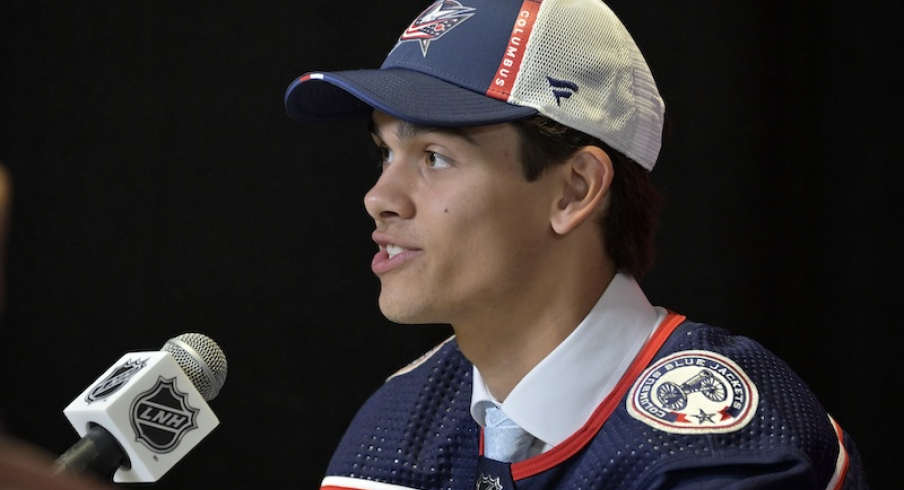 Luca Del Bel Belluz gives an interview after being selected by the Columbus Blue Jackets in the second round of the 2022 NHL Draft at the Bell Centre.