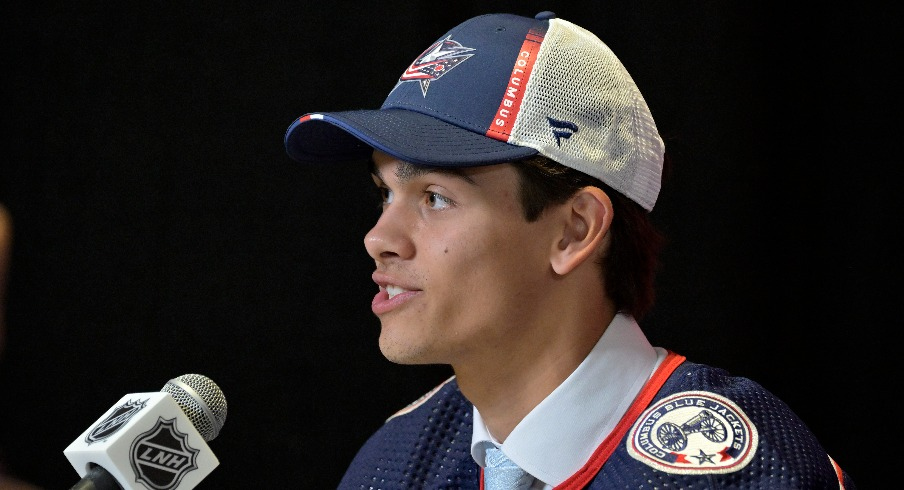 Luca Del Bel Belluz gives an interview after being selected by the Columbus Blue Jackets in the second round of the 2022 NHL Draft at the Bell Centre.