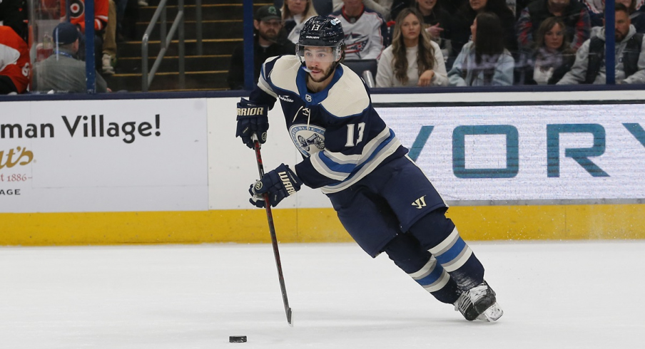 Columbus Blue Jackets left wing Johnny Gaudreau carries the puck 