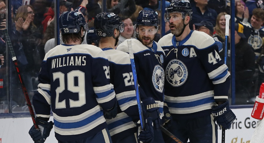 Columbus Blue Jackets center Sean Kuraly (7) celebrates his goal against the New York Islanders during the second period at Nationwide Arena.
