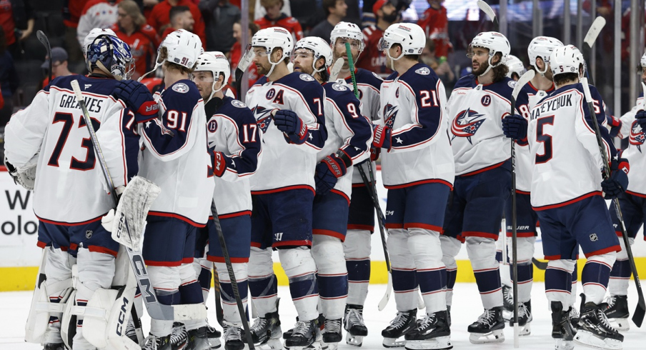 Columbus Blue Jackets celebrate after their win against the Washington Capitals