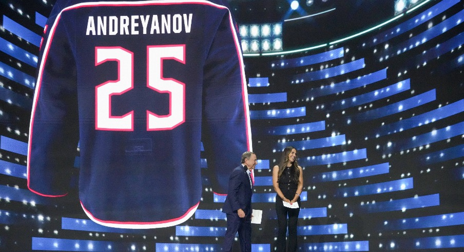 Commissioner Gary Bettman and Meredith Gaudreau announce Pyotr Andreyanov as the 20th overall pick by the Columbus Blue Jackets in the first round of the 2025 NHL Draft at Peacock Theater.