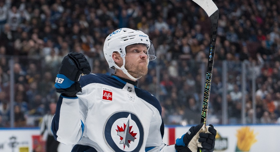 Winnipeg Jets forward Nikolaj Ehlers (27) celebrates his goal against the Vancouver Canucks in the first period at Rogers Arena.