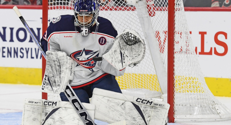 Columbus Blue Jackets goaltender Jet Greaves (73) makes a save against the Philadelphia Flyers during the second period at Wells Fargo Center.