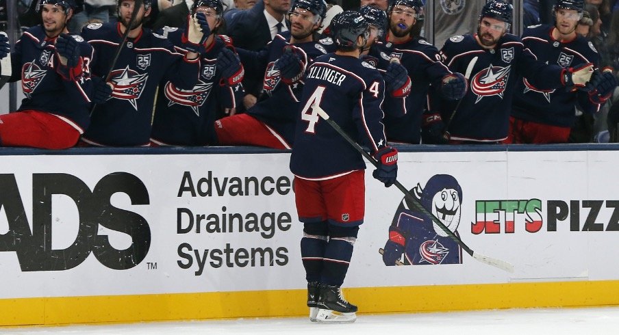 Oct 29, 2025; Columbus, Ohio, USA; Columbus Blue Jackets center Cole Sillinger (4) celebrates his goal against the Toronto Maple Leafs during the second period at Nationwide Arena.