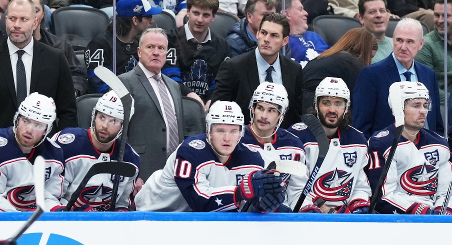 Nov 20, 2025; Toronto, Ontario, CAN; Columbus Blue Jackets head coach Dean Evason watches the play against the Toronto Maple Leafs during the third period at Scotiabank Arena.