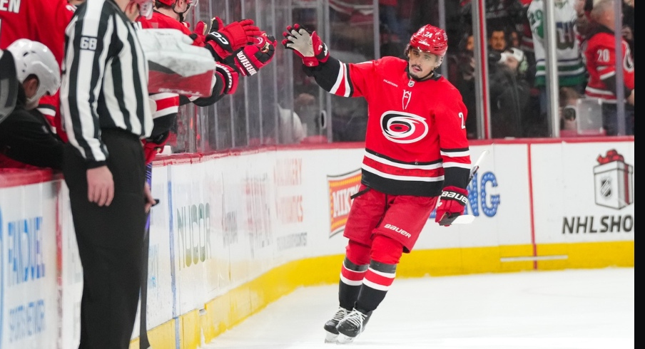 Dec 9, 2025; Raleigh, North Carolina, USA; Carolina Hurricanes center Seth Jarvis (24) celebrates his goal against the Columbus Blue Jackets during the second period at Lenovo Center.