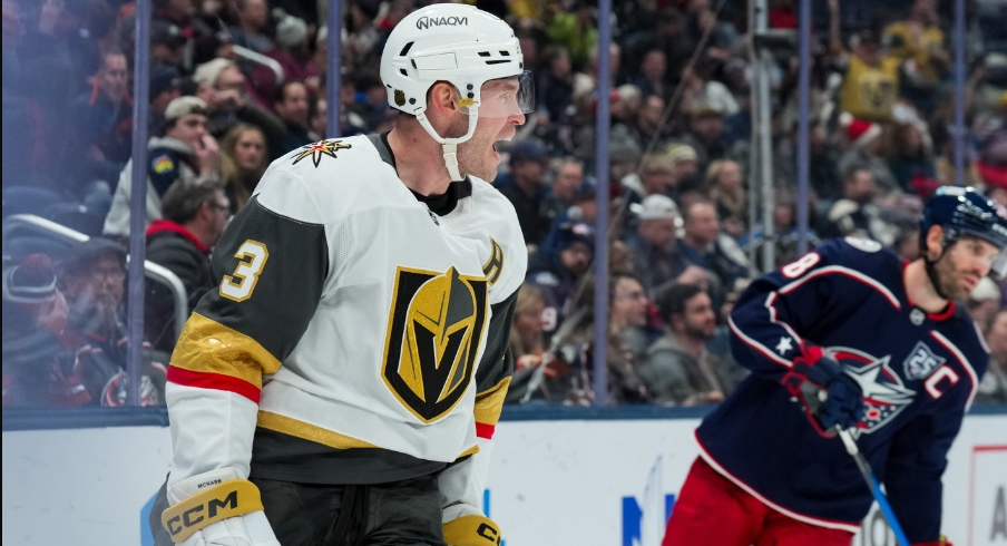 Dec 13, 2025; Columbus, Ohio, USA; Vegas Golden Knights defenseman Brayden McNabb (3) celebrates scoring a goal against the Columbus Blue Jackets in the third period at Nationwide Arena.