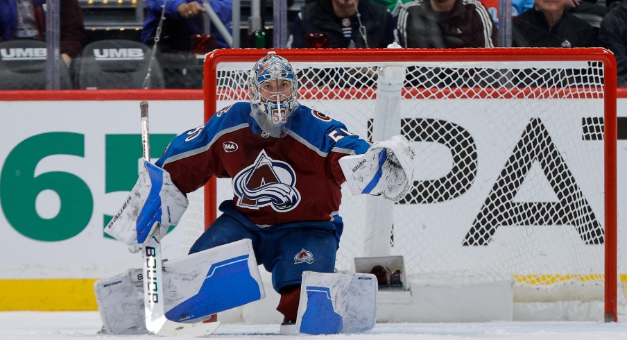 Jan 10, 2026; Denver, Colorado, USA; Colorado Avalanche goaltender Trent Miner (50) watches the puck in the second period against the Columbus Blue Jackets at Ball Arena.