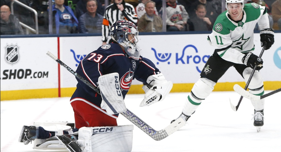 Jet Greaves stopped all 28 shots by the Dallas Stars on Thursday night, and the Columbus Blue Jackets picked up a 1-0 win in the 1000th career NHL game for Charlie Coyle.