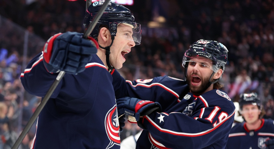 Jan 24, 2026; Columbus, Ohio, USA; Columbus Blue Jackets center Charlie Coyle (3) celebrates his goal with center Adam Fantilli (19) during the second period against the Tampa Bay Lightning at Nationwide Arena.