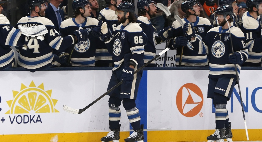 Jan 28, 2026; Columbus, Ohio, USA; Columbus Blue Jackets right wing Kirill Marchenko (86) celebrates his goal against the Philadelphia Flyers during the first period at Nationwide Arena.