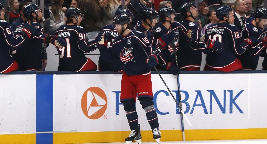 Mar 3, 2026; Columbus, Ohio, USA; Columbus Blue Jackets center Adam Fantilli (19) celebrates his goal against the Nashville Predators during the first period at Nationwide Arena.
