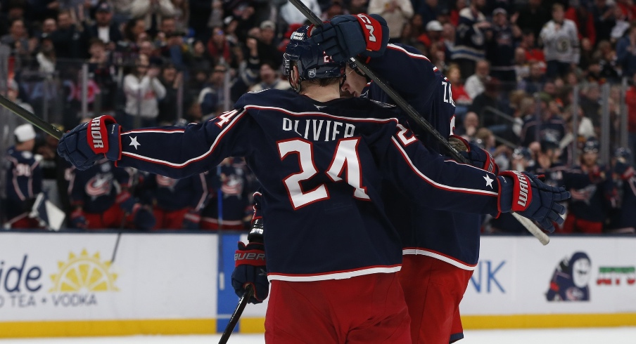 Mar 5, 2026; Columbus, Ohio, USA; Columbus Blue Jackets center Mathieu Olivier (24) celebrates his goal against the Florida Panthers during the second period at Nationwide Arena.