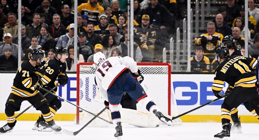 Feb 26, 2026; Boston, Massachusetts, USA; Columbus Blue Jackets center Adam Fantilli (19) scores a goal against Boston Bruins goaltender Joonas Korpisalo (70) during the third period at TD Garden.