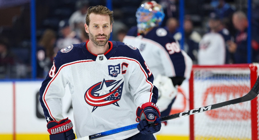 Mar 10, 2026; Tampa, Florida, USA; Columbus Blue Jackets center Boone Jenner (38) warms up before a game against the before a game against the Tampa Bay Lightning at Benchmark International Arena. Mandatory Credit: Nathan Ray Seebeck-Imagn Images
