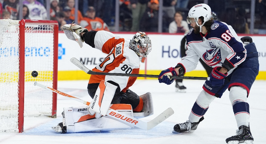 Mar 14, 2026; Philadelphia, Pennsylvania, USA; Columbus Blue Jackets right wing Kirill Marchenko (86) scores a shootout goal against Philadelphia Flyers goalie Dan Vladar (80) in overtime at Xfinity Mobile Arena. Mandatory Credit: Kyle Ross-Imagn Images