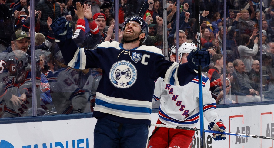 Mar 19, 2026; Columbus, Ohio, USA; Columbus Blue Jackets center Boone Jenner (38) celebrates his goal against the New York Rangers during the second period at Nationwide Arena. Mandatory Credit: Russell LaBounty-Imagn Images