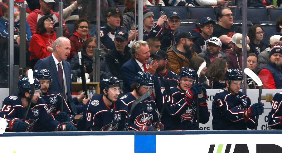 Jan 13, 2026; Columbus, Ohio, USA; Columbus Blue Jackets new head coach Rick Bowness instructs the bench during the first period against the Calgary Flames at Nationwide Arena. Mandatory Credit: Russell LaBounty-Imagn Images